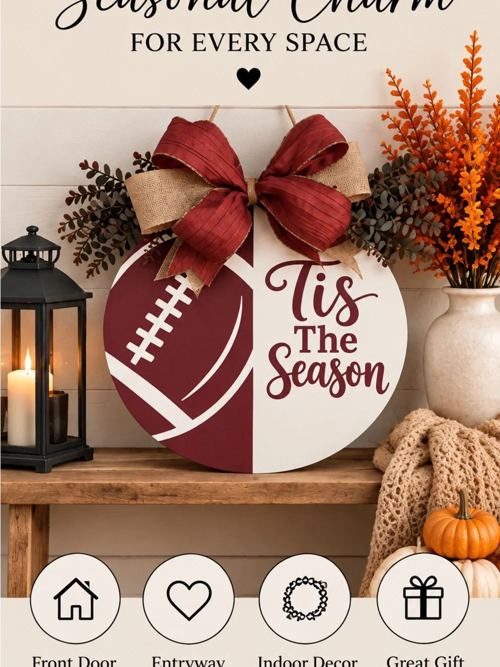 'Tis The Season Football Door Hanger - Burgundy & White Holiday Home Accent